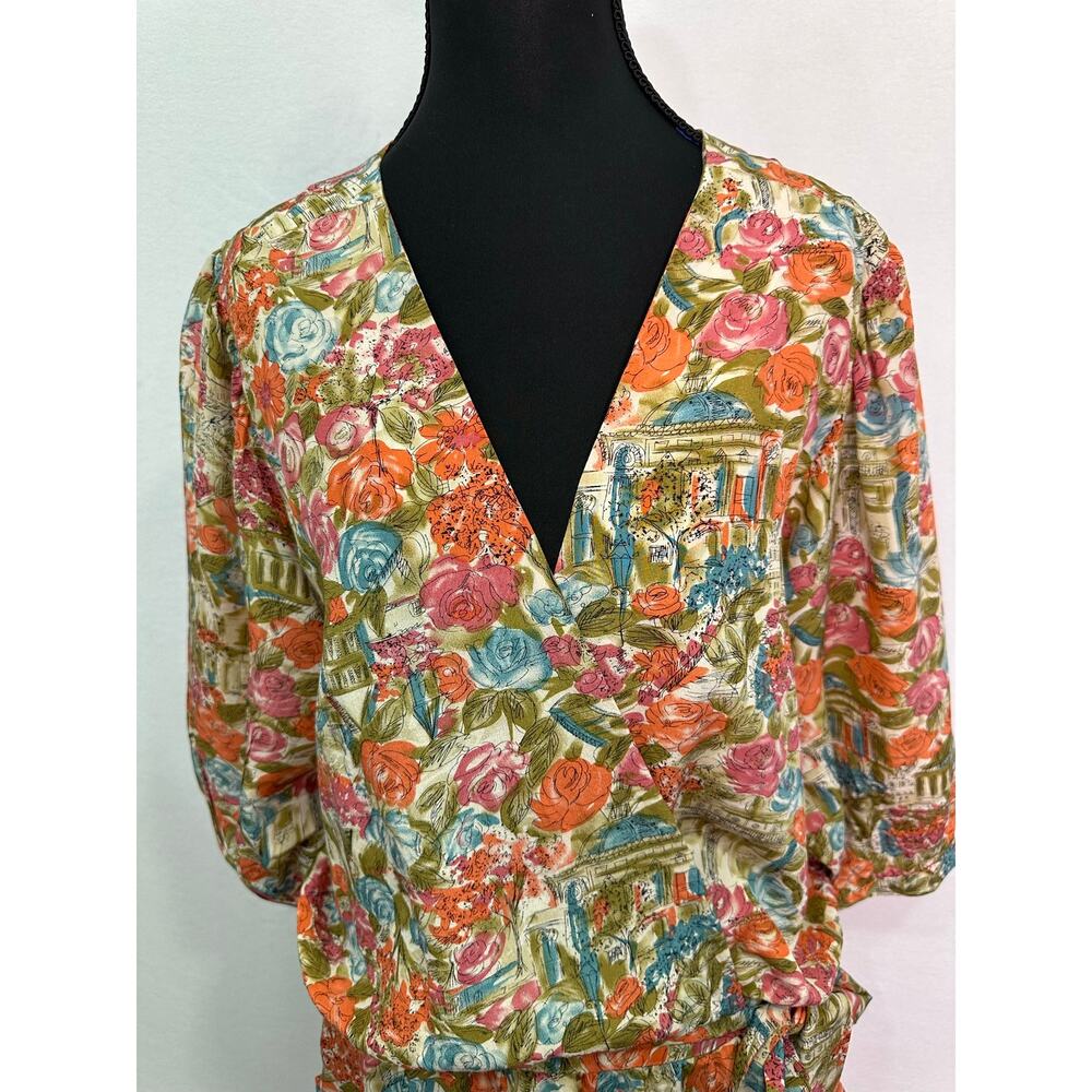 Isabel Lu 100% Silk Floral Belted Romper Size Large Multicolor Garden Print - Picture 3 of 12